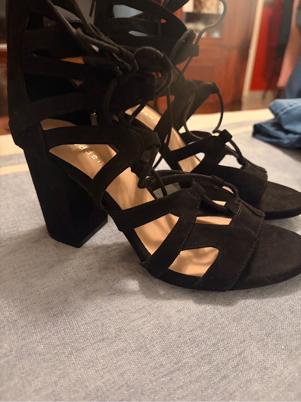 NWOT Madden Girl Black Suede Lace-Up Block Heel Sandals